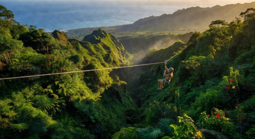 Zipline Koloa au-dessus d'une vallée luxuriante de Kauai