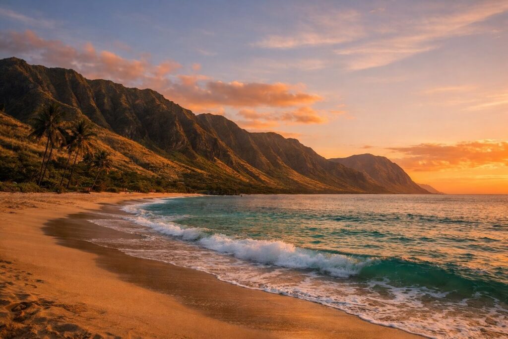 Plage déserte de la côte ouest d'Oahu au coucher du soleil, océan turquoise et montagnes Waianae en arrière-plan.