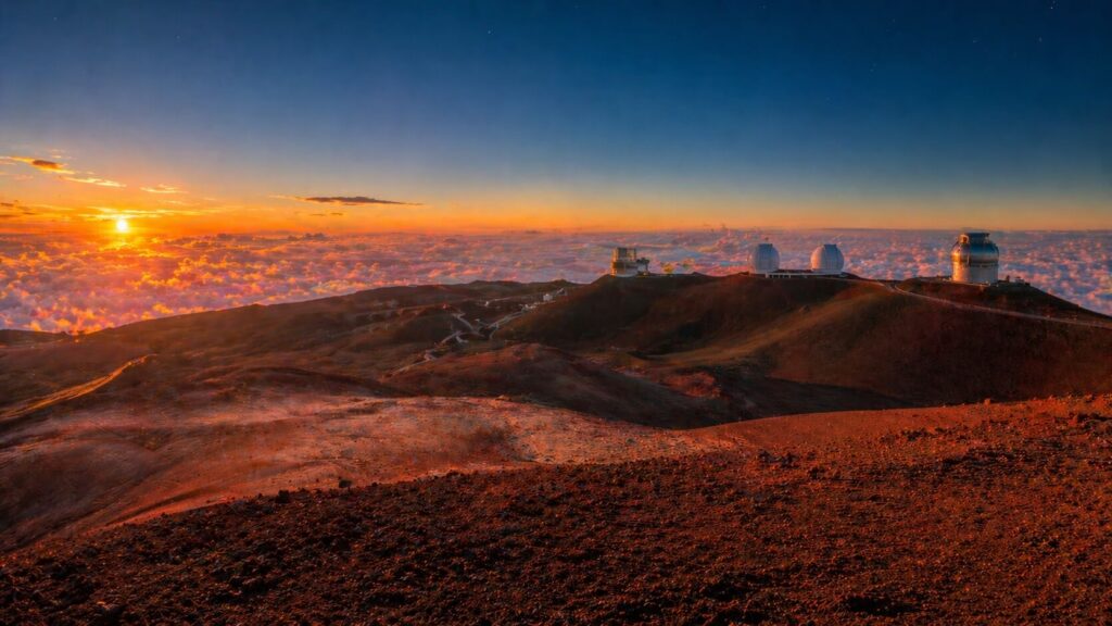 Vue panoramique du sommet du Mauna Kea à Big Island au coucher du soleil, avec mer de nuages roses et observatoires astronomiques en arrière-plan