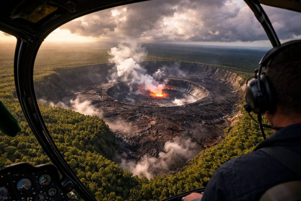 urvol en hélicoptère du cratère du Kilauea sur Big Island avec vapeurs volcaniques et champs de lave noire