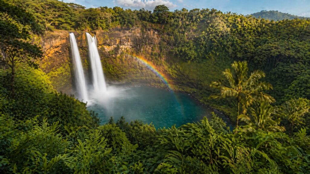 La double cascade de Wailua Falls à Kauai plongeant de 25 mètres dans un bassin turquoise entouré de jungle tropicale, vue depuis le point d'observation principal.