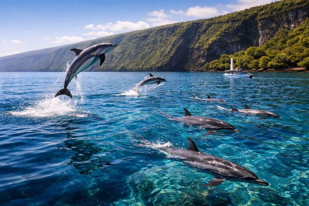 Groupe de dauphins à long bec nageant dans les eaux cristallines de Kealakekua Bay avec les falaises verdoyantes de Big Island en arrière-plan