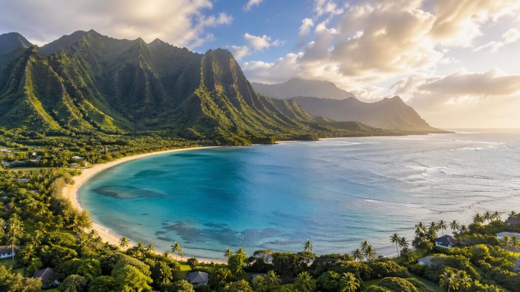 Vue aérienne du North Shore de Kauai avec les falaises vertes de la Na Pali Coast et la baie d'Hanalei aux eaux turquoise