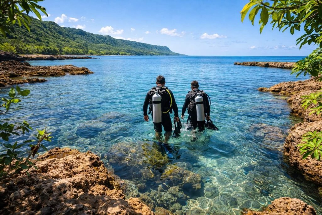 Plongeurs entrant dans l'eau calme de Sharks Cove sur la côte nord d'Oahu en été, formations rocheuses volcaniques visibles