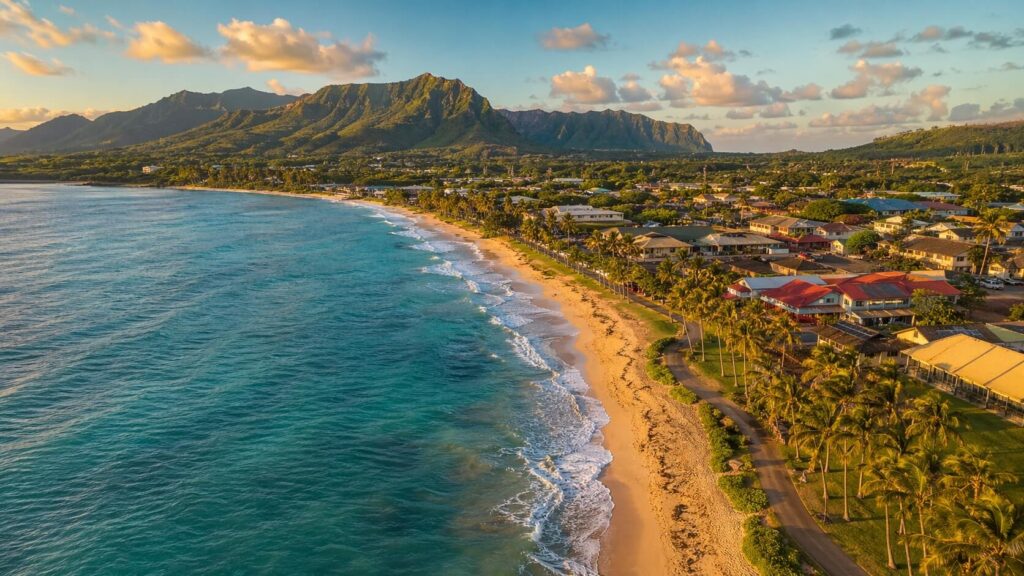 Vue aérienne de Kapaa à Kauai avec la piste cyclable côtière Ke Ala Hele Makalae, les cocotiers de la Coconut Coast et l'océan Pacifique turquoise au coucher du soleil