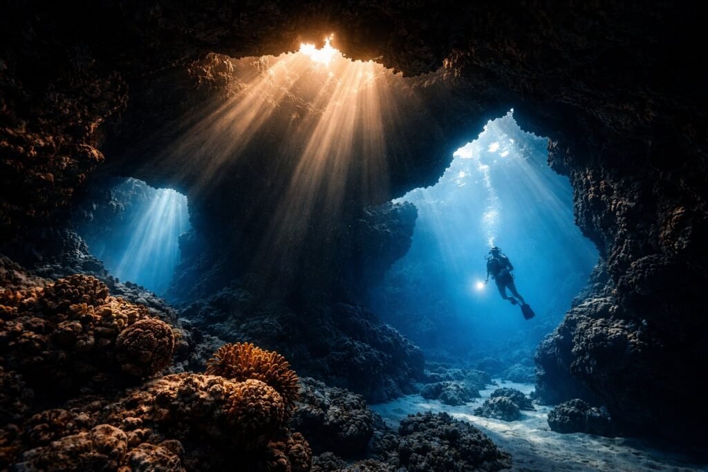 Rayons de lumière filtrant à travers les formations de lave sous-marines du site de plongée Cathedrals à Lanai, Hawaii