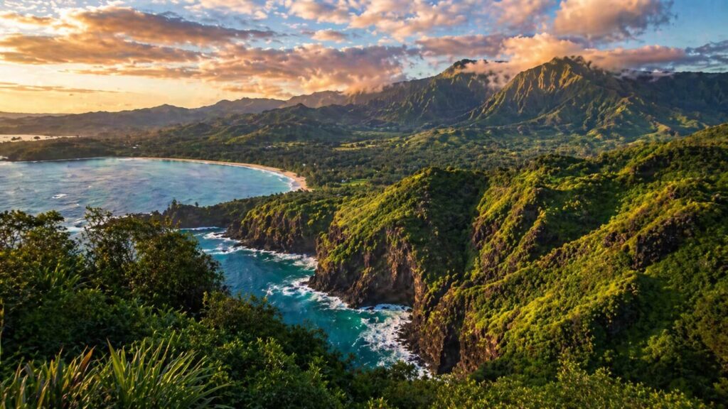 Panorama des falaises verdoyantes de Princeville surplombant la baie de Hanalei turquoise au coucher du soleil, sur la côte nord de Kauai à Hawaii