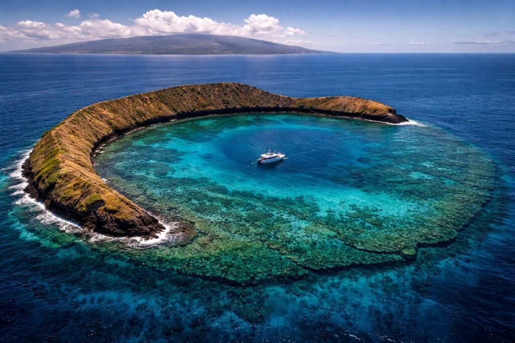 Vue aérienne du cratère volcanique de Molokini en forme de croissant avec eaux turquoise, au large de la côte sud de Maui