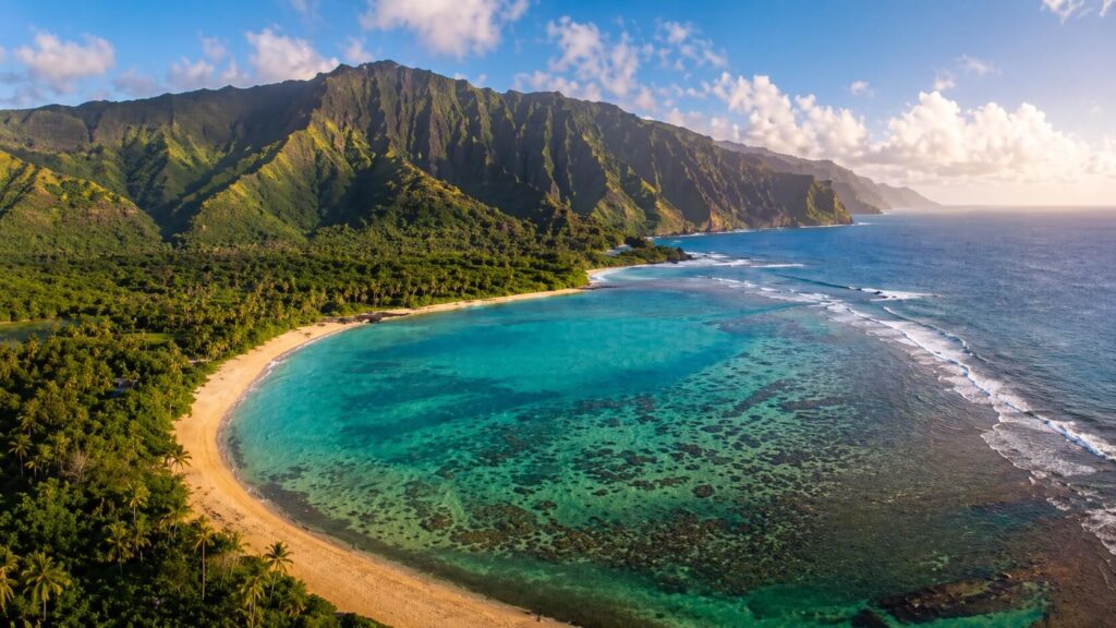 Vue aérienne de Tunnels Beach à Kauai, lagon turquoise protégé par un récif corallien, cocotiers et falaises de Na Pali.