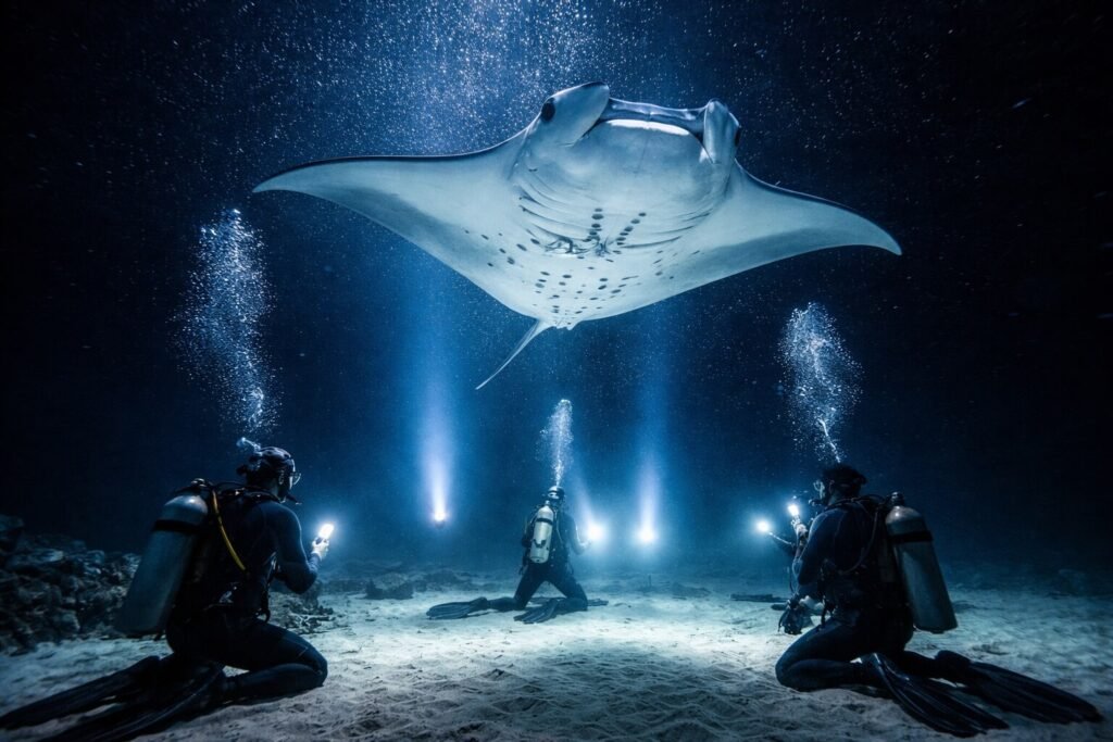 Raie manta géante nageant au-dessus de plongeurs lors d'une plongée nocturne à Kona, Big Island, Hawaii