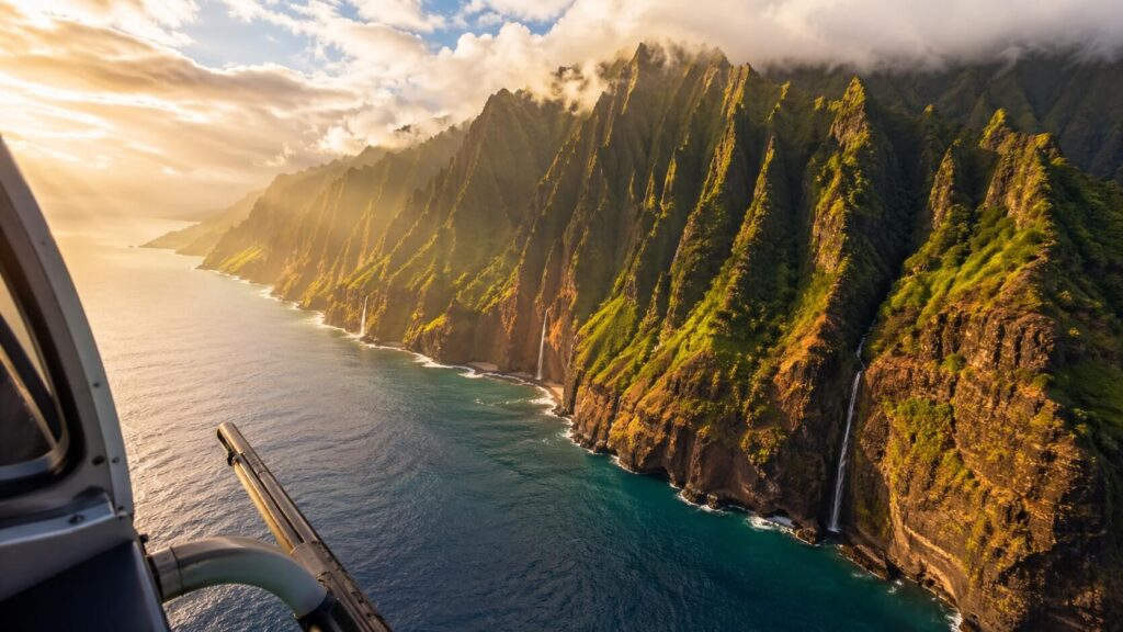 Vue aérienne depuis un hélicoptère de la côte de Na Pali à Kauai, avec ses falaises vertes cannelées plongeant dans l'océan Pacifique et ses cascades.