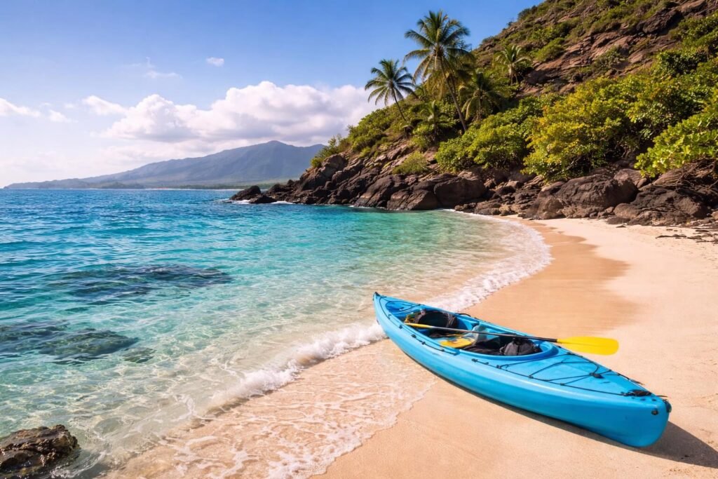 Kayak échoué sur la petite plage de sable blanc de Moku Nui avec une eau turquoise et la côte de Kailua visible au loin
