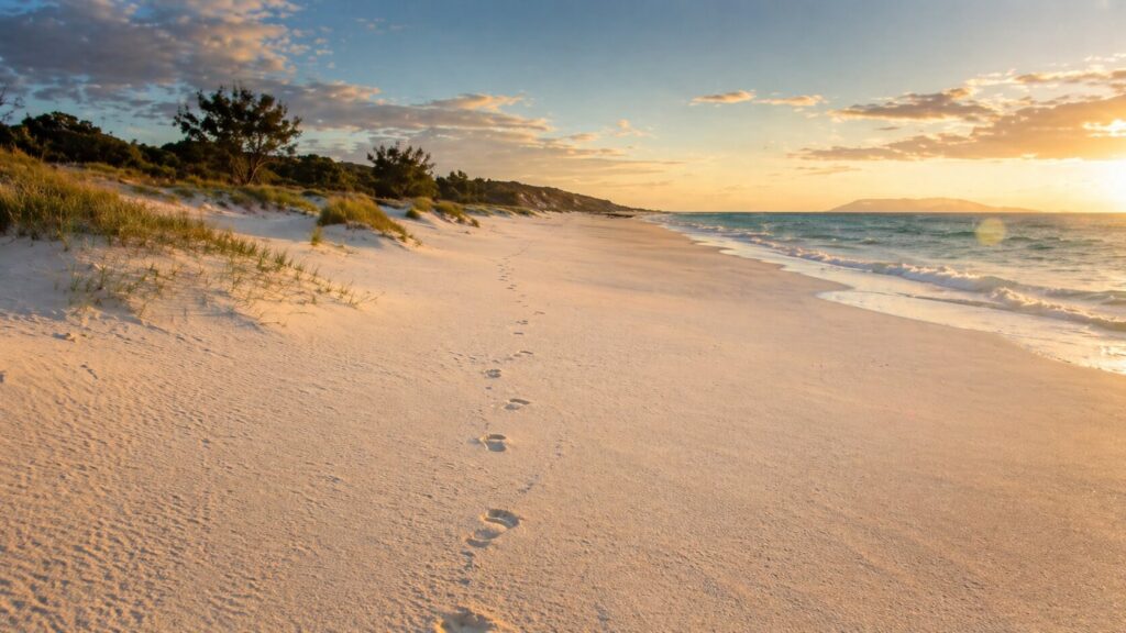 Vue panoramique de Papohaku Beach à Molokai : longue plage de sable blanc déserte bordée par les eaux turquoise du Pacifique au coucher du soleil