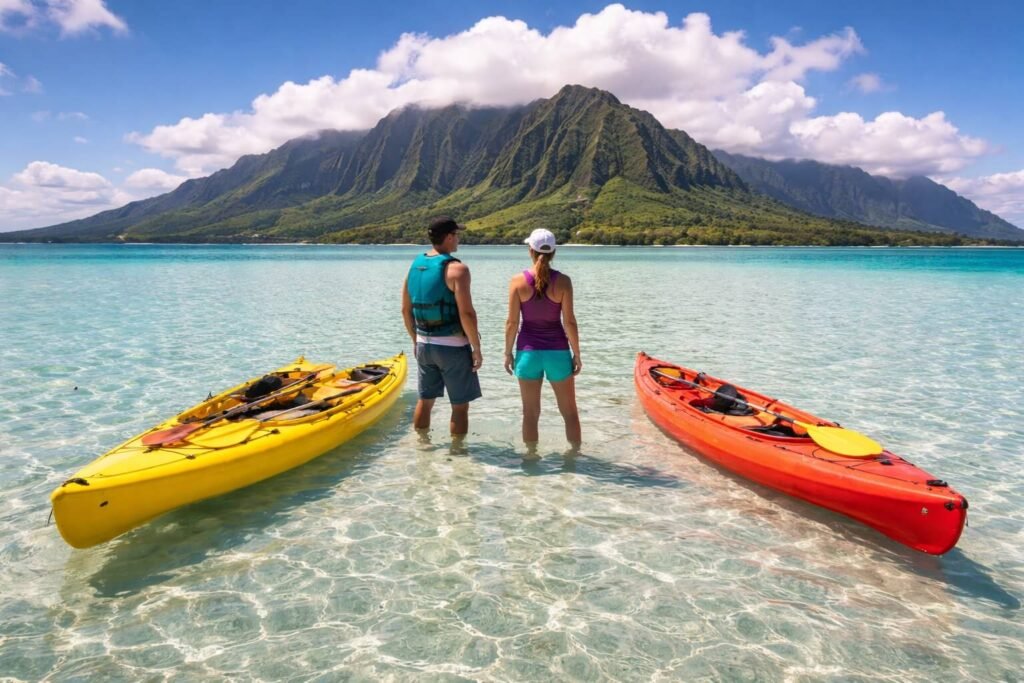 Kayak posé sur une eau turquoise transparente avec un snorkeleur explorant le récif corallien au large de Makena Maui