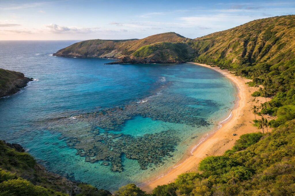 Vue aérienne panoramique de Hanauma Bay à Oahu, baie en forme de croissant aux eaux turquoise entourée de falaises volcaniques verdoyantes