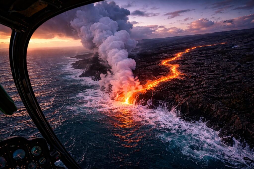 Lave incandescente se jetant dans l'océan Pacifique sur Big Island Hawaii photographiée depuis un hélicoptère au crépuscule