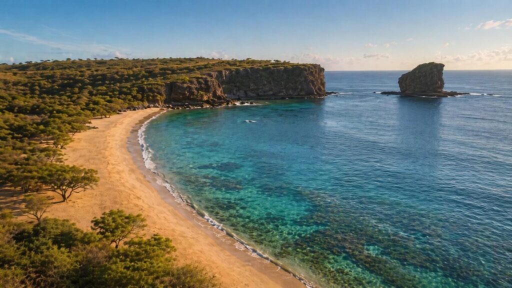 Vue aérienne de Hulopoe Bay à Lanai, plage de sable doré en forme de croissant bordée d'eau turquoise, avec le rocher Puu Pehe (Sweetheart Rock) isolé dans l'océan