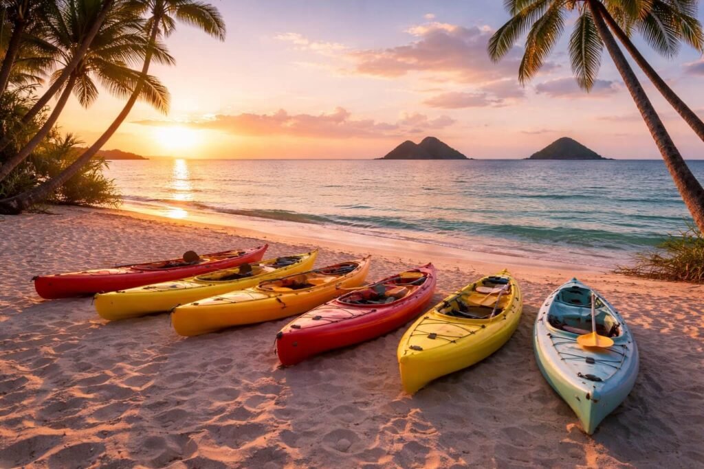 Rangée de kayaks colorés posés sur le sable de Kailua Beach à Oahu au lever du soleil avec les Mokulua Islands à l'horizon