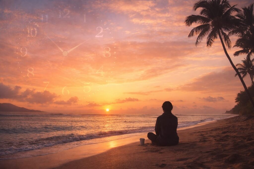 Personne assise sur une plage hawaiienne à l'aube avec un café, regardant le lever de soleil sur l'océan Pacifique sous un ciel rosé bordé de palmiers