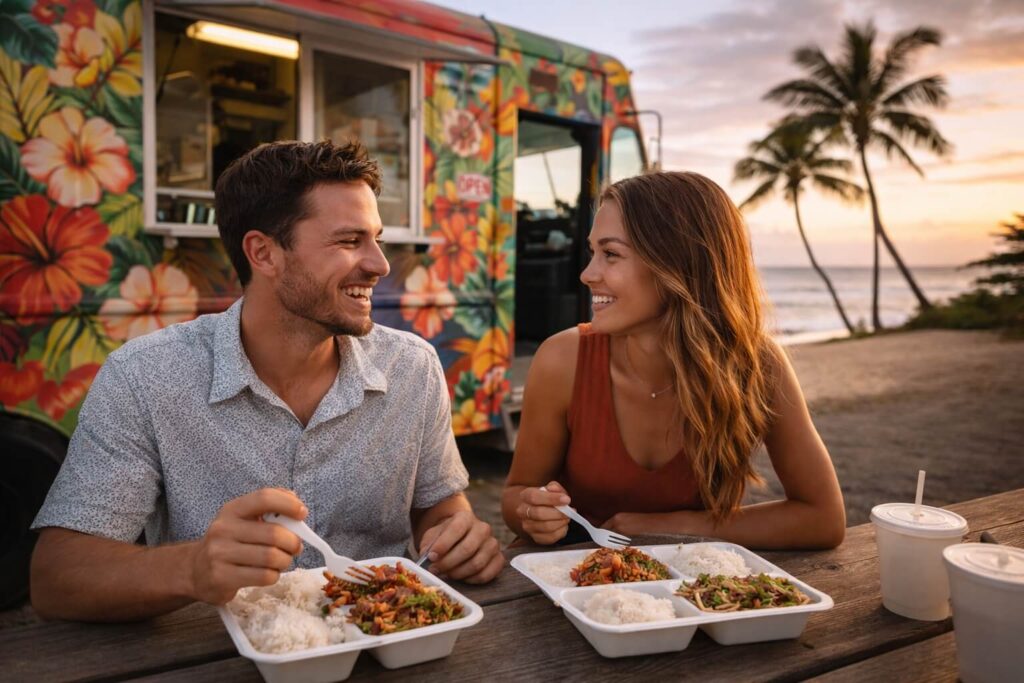 Couple mangeant un plate lunch à un food truck coloré en bord de plage à Hawaii au coucher du soleil