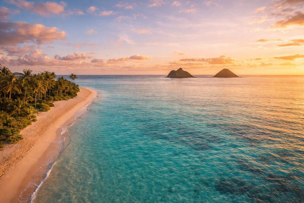 Vue aérienne de Lanikai Beach à Oahu avec son sable blanc, son lagon turquoise et les deux îlots Mokulua à l'horizon au lever du soleil