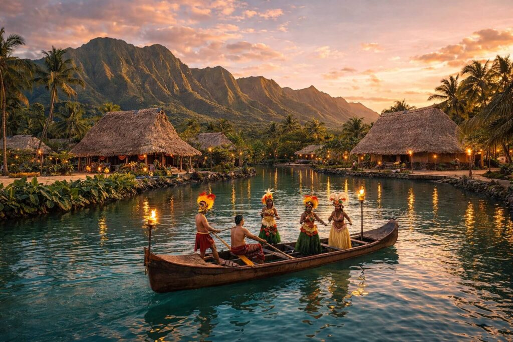 Village polynésien traditionnel et canoë sur le canal du centre culturel polynésien à Laie, Oahu, au coucher du soleil