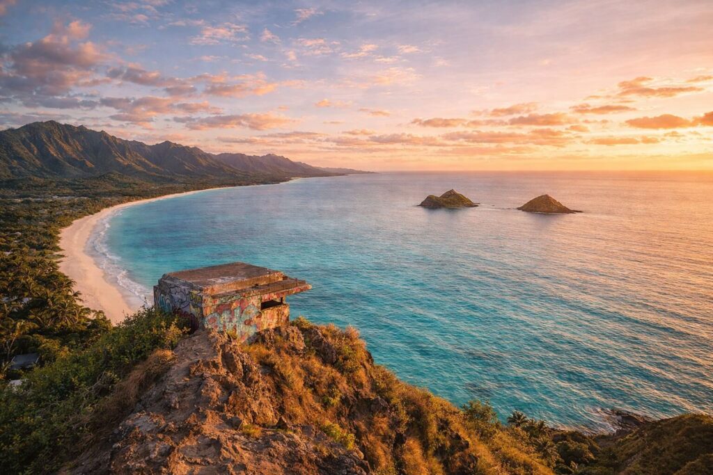 Vue panoramique depuis le Pillbox Hike de Lanikai sur les Mokulua Islands et la plage turquoise au lever du soleil, Oahu, Hawaii