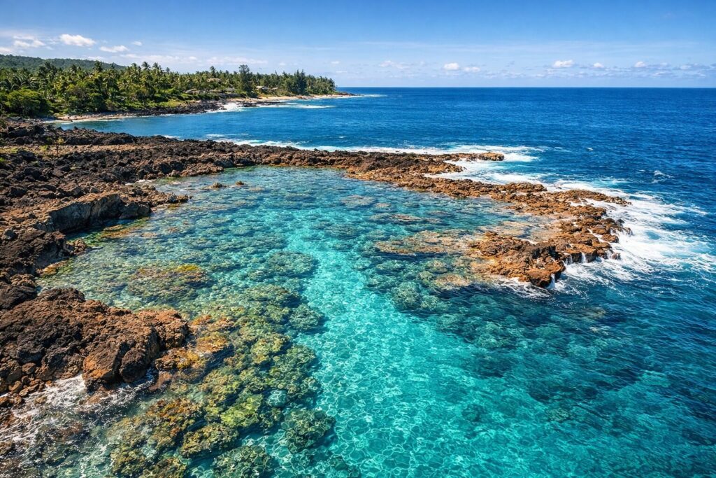 Vue aérienne de Sharks Cove à Oahu, crique de snorkeling aux eaux turquoise entourée de roches volcaniques noires sur la North Shore d'Hawaii