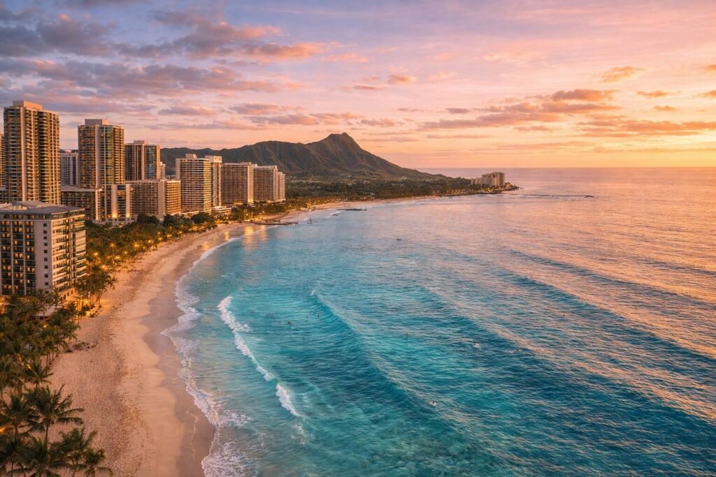 Vue aérienne de Waikiki au coucher du soleil avec ses hôtels en bord de plage et Diamond Head en arrière-plan, meilleure zone où dormir à Waikiki sur l'île d'Oahu