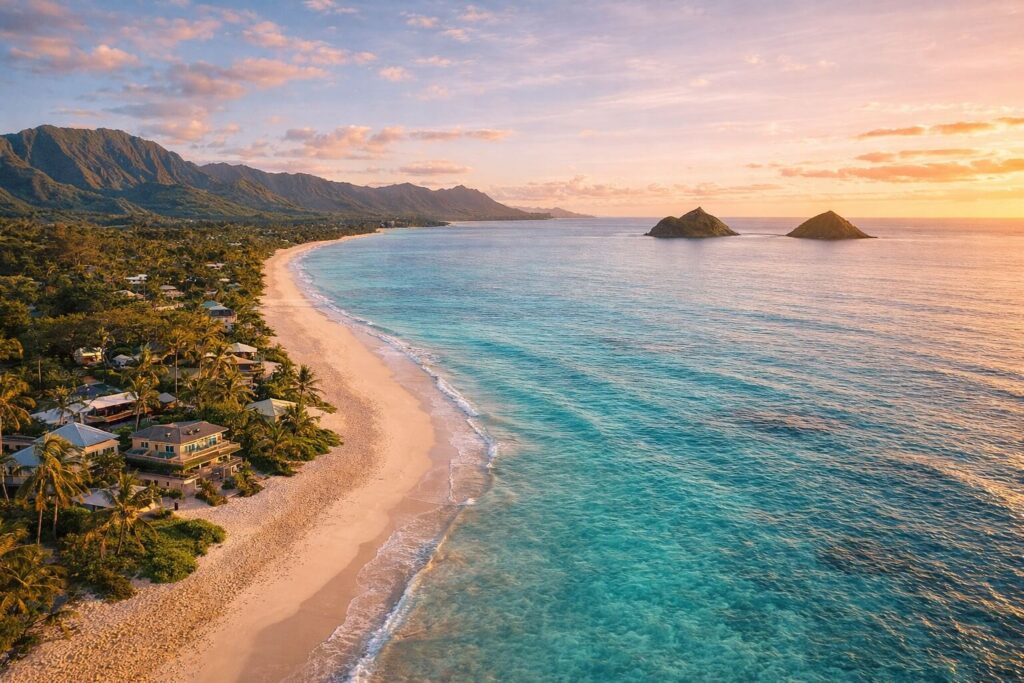 Vue aérienne de Kailua Beach à Oahu, avec son sable blanc, son eau turquoise et les îlots Mokulua au large — la zone la plus prisée pour dormir sur la côte est d'Hawaii.