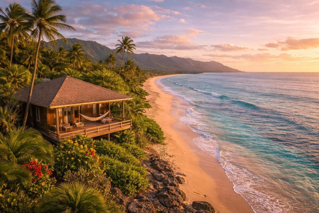 Bungalow en bord de mer sur la côte nord d'Oahu au coucher du soleil, plage de sable doré et océan Pacifique turquoise