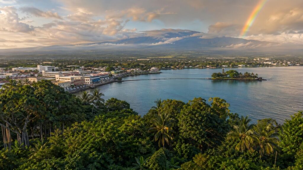 Baie de Hilo à Big Island avec son centre-ville historique, Coconut Island et le volcan Mauna Kea en arrière-plan, sous un ciel tropical traversé d'un arc-en-ciel.