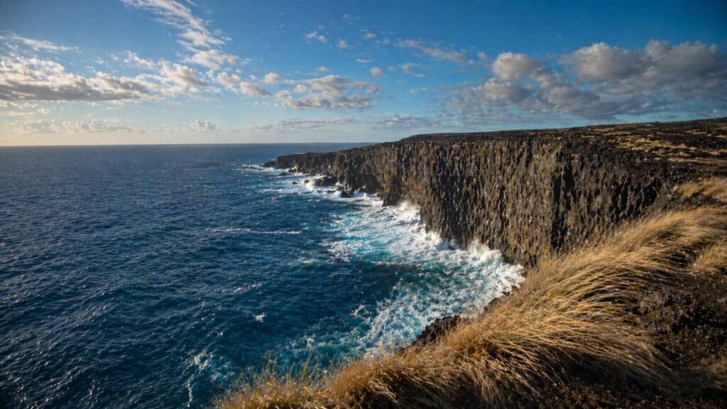 Falaises volcaniques noires de South Point Ka Lae plongeant dans l'océan Pacifique turquoise à Big Island, Hawaii.