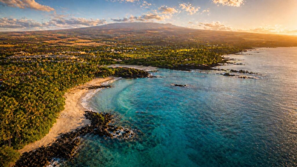 Vue aérienne de la côte Kohala sur Big Island à Hawaii, avec plage de sable blanc, eau turquoise du Pacifique et roches volcaniques noires au coucher du soleil