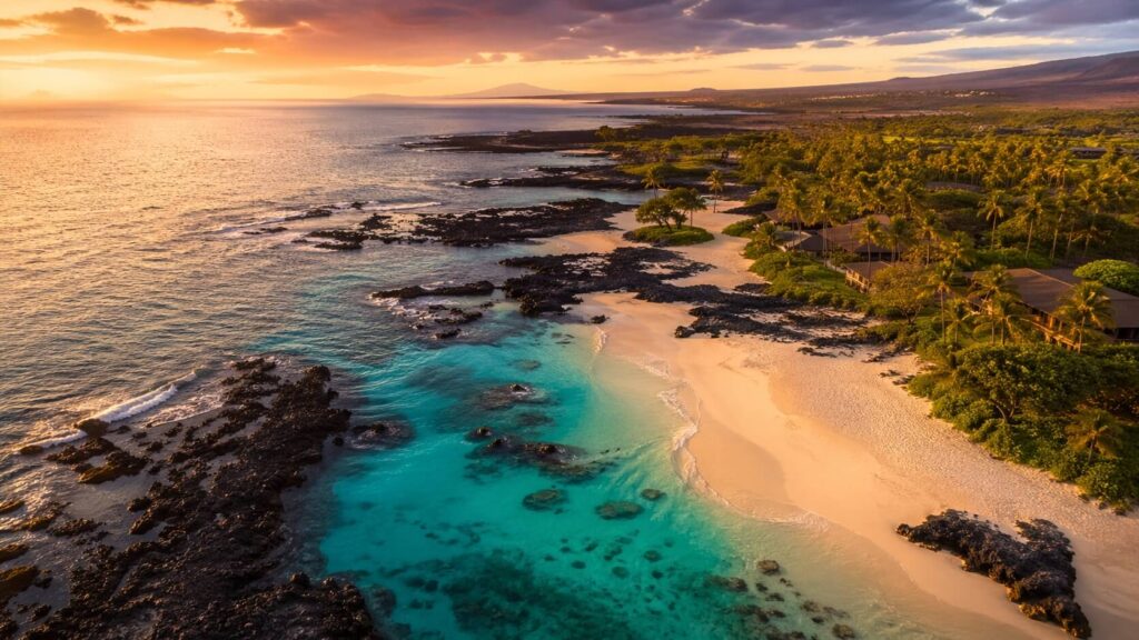 Vue aérienne de la côte Kohala avec plages de sable blanc et lave noire