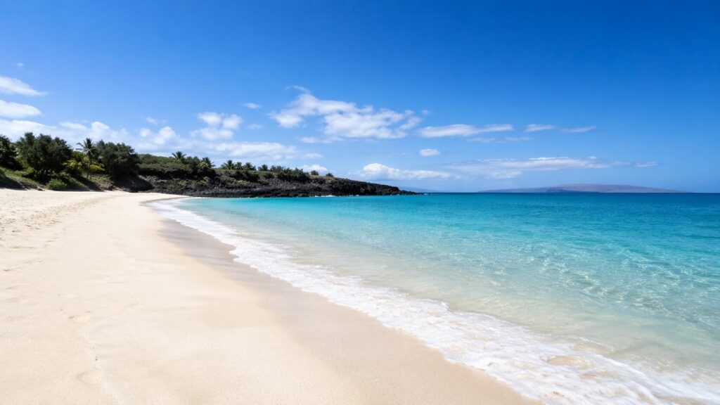 Grande plage de sable blanc à Hapuna avec eau turquoise