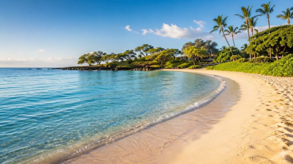 Plage en forme de croissant avec eau limpide à Big Island