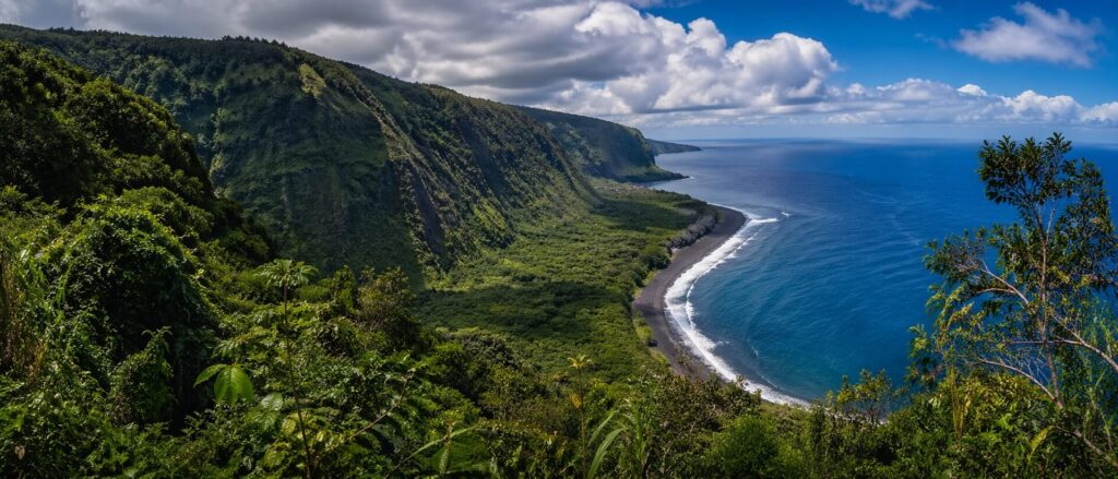 Vue spectaculaire sur la vallée de Pololu et sa plage noire