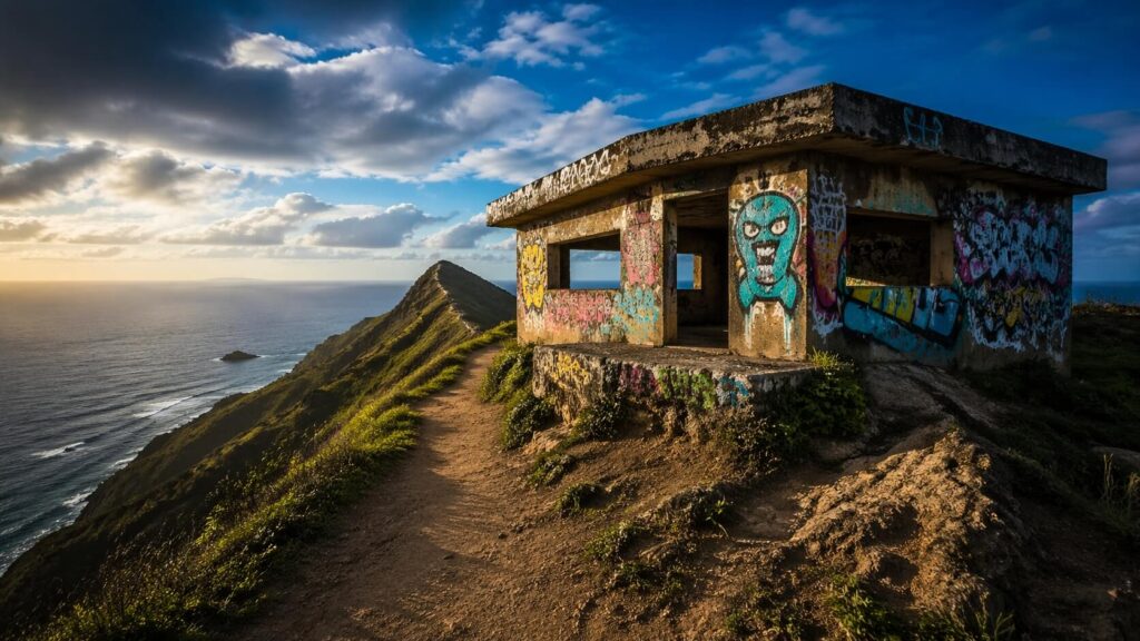 Bunker militaire avec graffitis colorés sur la crête