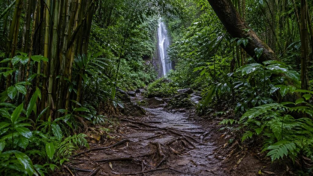 Sentier forestier ombragé et boueux menant à Manoa Falls à travers une végétation tropicale dense.