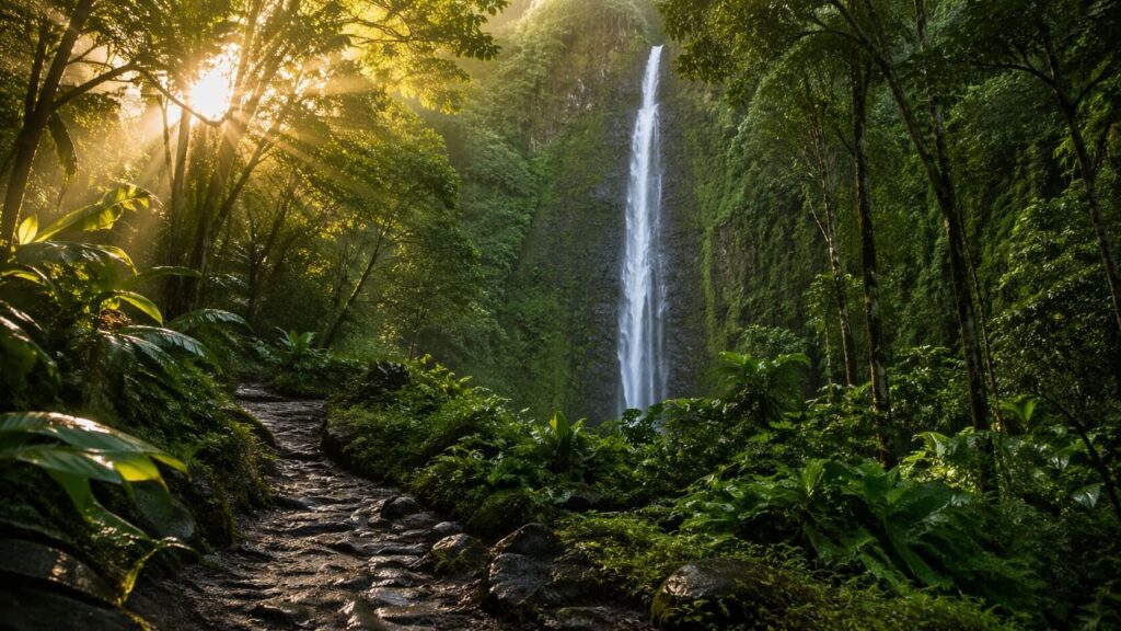 Ambiance matinale sur le sentier de Manoa Falls avec lumière douce dans la forêt tropicale.