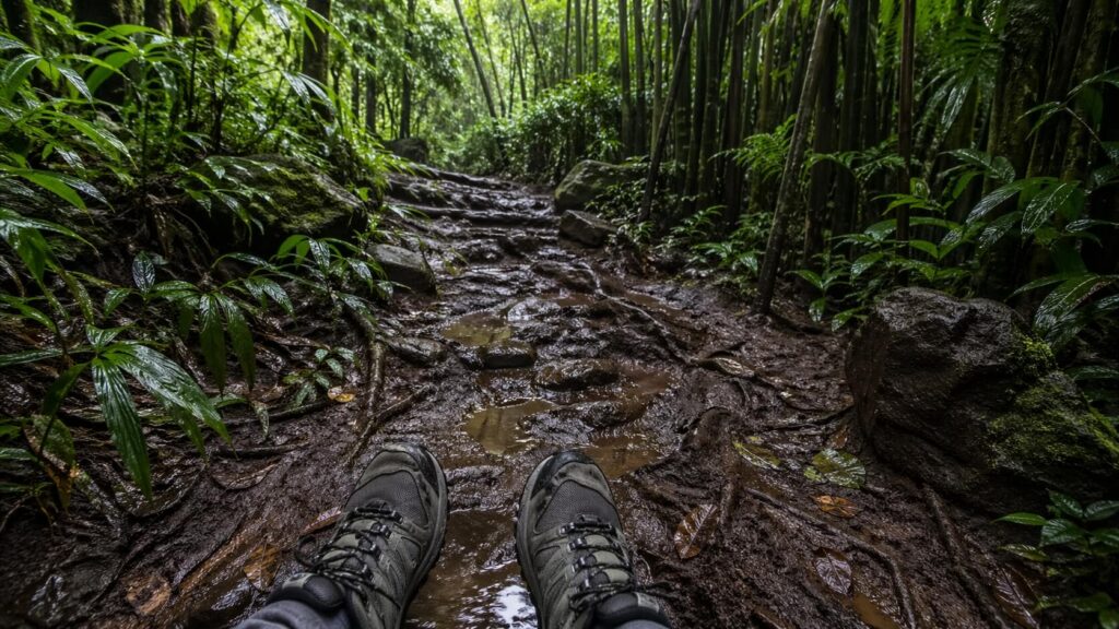 Sentier humide et boueux vers Manoa Falls après la pluie, au milieu de la jungle tropicale.