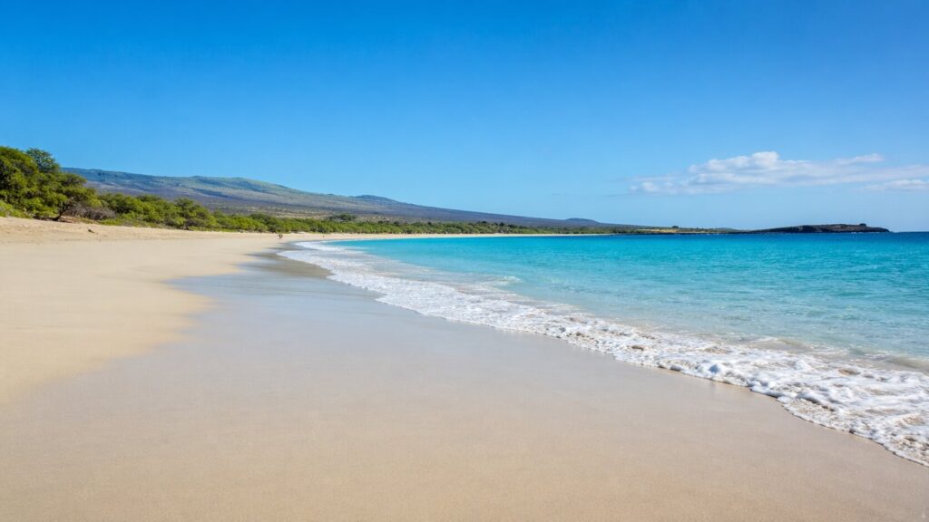 Vue panoramique de Hapuna Beach à Big Island avec son sable blanc et ses eaux turquoise sous un ciel bleu au lever du jour.
