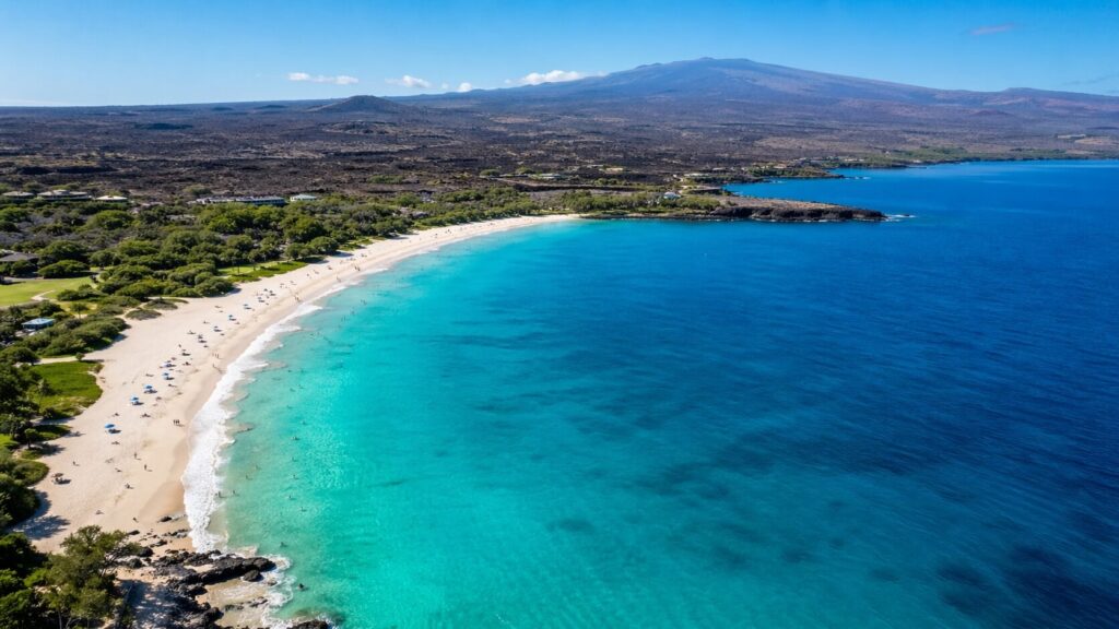 Vue aérienne de Hapuna Beach montrant la longue plage en croissant bordée par un océan aux dégradés turquoise et bleu profond.