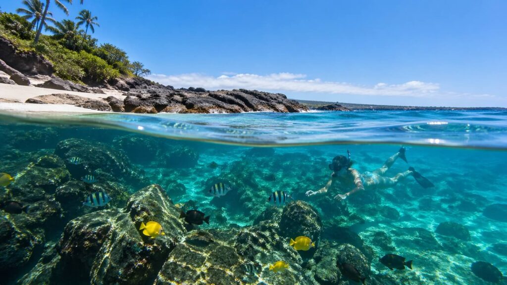 Plongeur en snorkeling près des rochers du côté sud de Hapuna Beach observant des poissons tropicaux dans une eau turquoise.