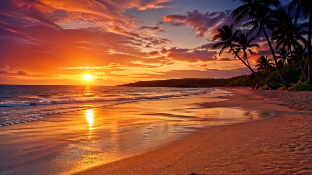 Coucher de soleil aux tons orangés et violets sur Hapuna Beach avec silhouettes de palmiers et reflets dorés sur le sable mouillé.