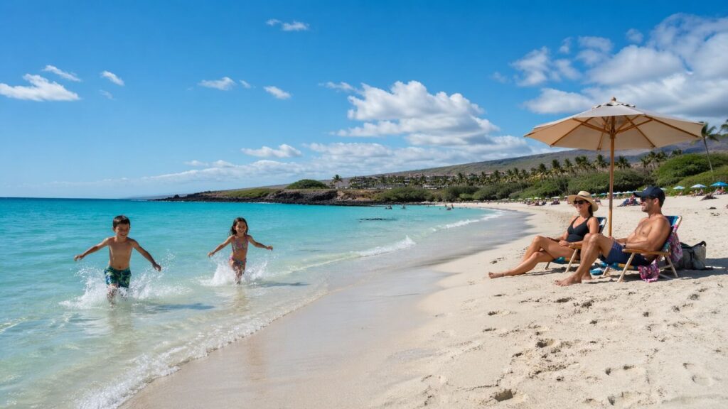 Famille profitant d'une journée ensoleillée à Hapuna Beach, enfants jouant dans les vagues douces et parents sous un parasol.