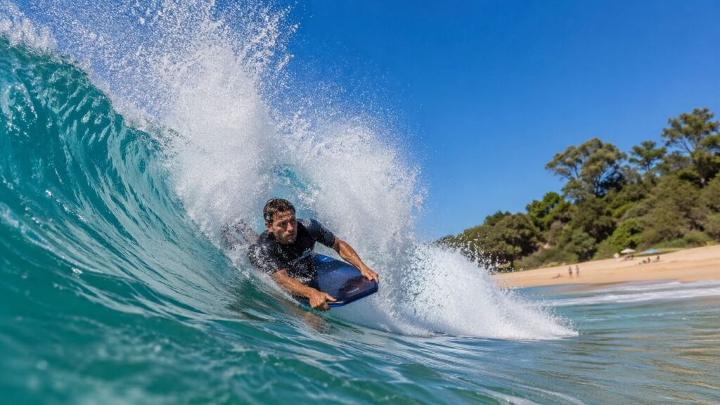Bodyboardeur prenant une puissante vague de shore break à Hapuna Beach sous un ciel bleu lumineux.