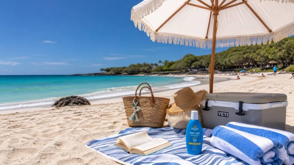 Installation de plage avec glacière, serviettes et parasol sur le sable blanc de Hapuna Beach face à l'océan turquoise.