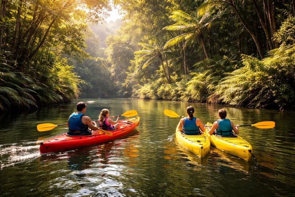 Famille pagayant en kayak biplace sur la rivière Wailua entourée de jungle tropicale luxuriante à Kauai